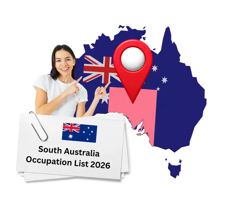 Employee pointing to South Australia on map next to Occupation List 2026 document